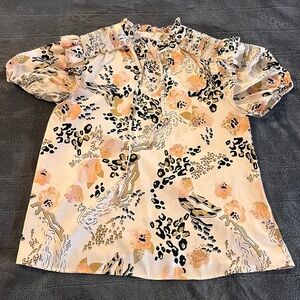 Entro Top Women's Sz S Smocked Floral Leopard Ruffle V-Neck Bohemian Romantic